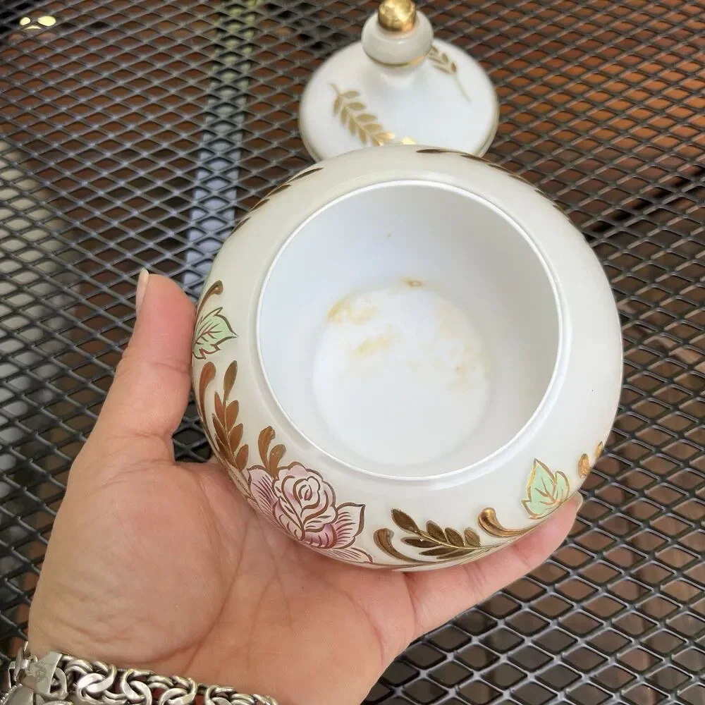 Vintage French Country Rose Jewelry Covered Trinket Dish Frosted Glass Goldleaf